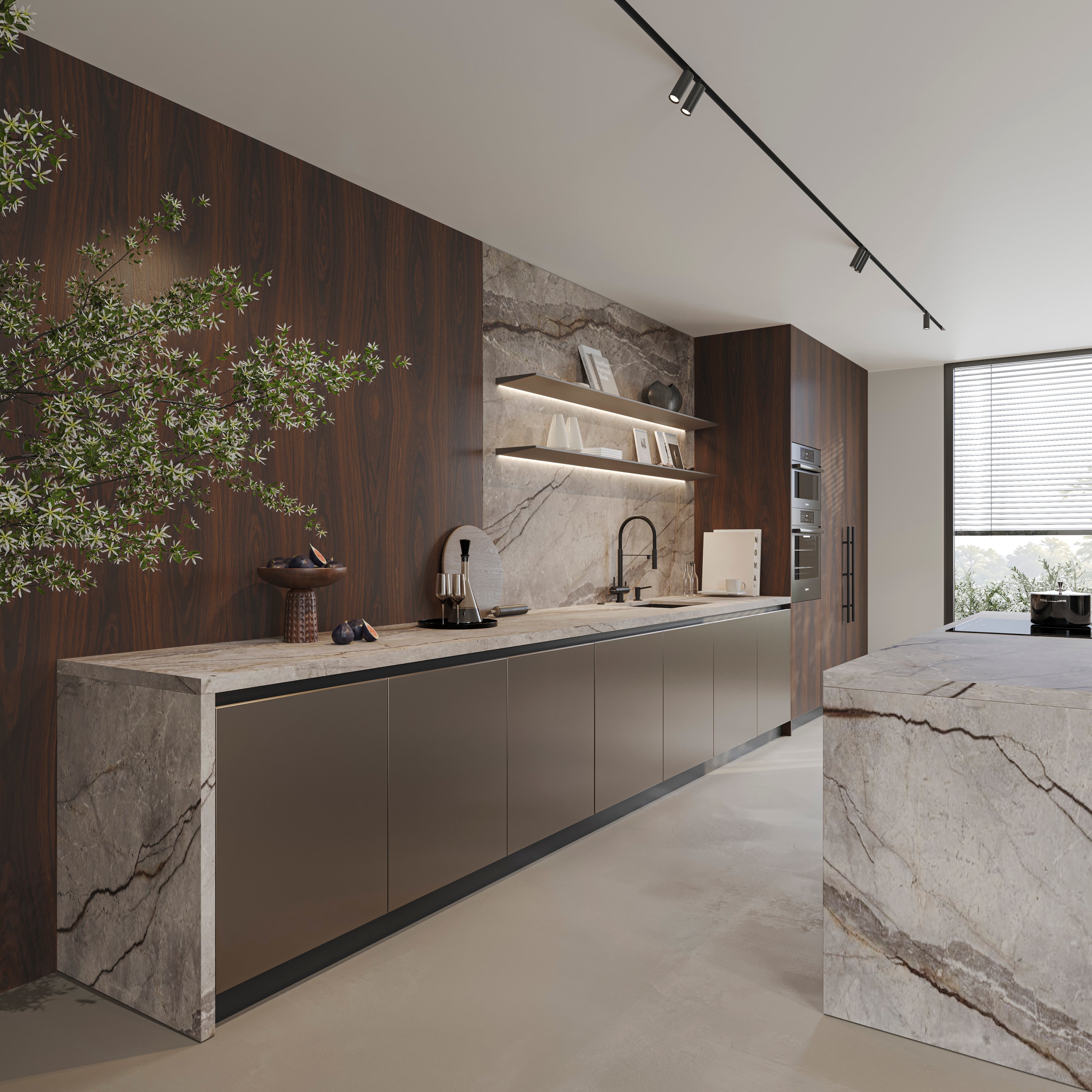 Cozinha por medida Servoz com ilha central em pedra clara, armários em madeira escura e design contemporâneo.